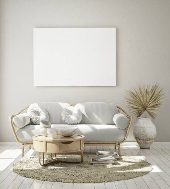 Modern iç plan, oturma odası, İskandinav tarzı, 3D çizim, 3D resim