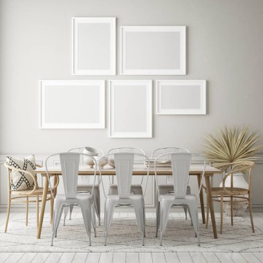 Modern iç mekan, yemek odası, İskandinav tarzı, 3D çizim, 3D resim