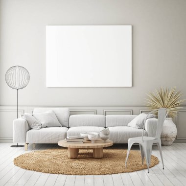 Modern iç plan, oturma odası, İskandinav tarzı, 3D çizim, 3D resim