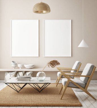 Modern iç plan, oturma odası, İskandinav tarzı, 3D çizim, 3D resim