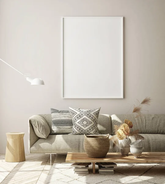 Model Poster Frame Moderne Interieur Achtergrond Woonkamer Scandinavische Stijl Render — Stockfoto