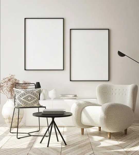 Modern iç plan, oturma odası, İskandinav tarzı, 3D çizim, 3D resim