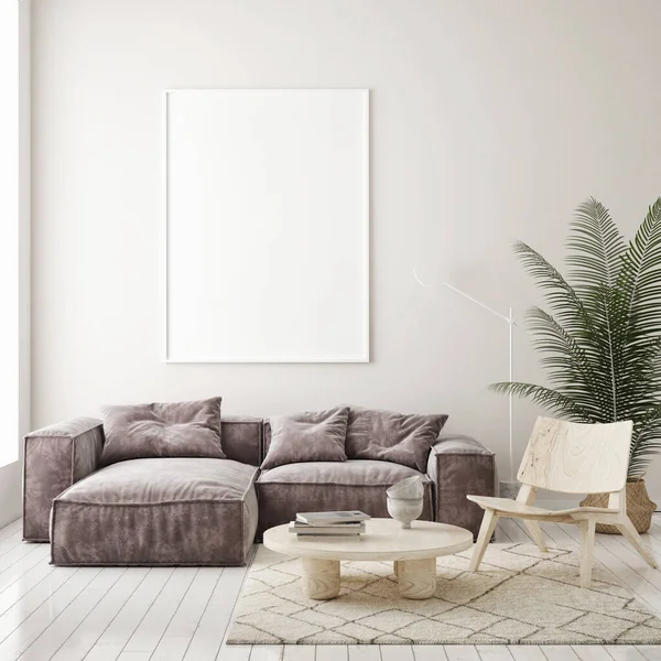 Model Poster Frame Moderne Interieur Achtergrond Woonkamer Scandinavische Stijl Render — Stockfoto