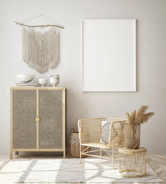 Model Poster Frame Moderne Interieur Achtergrond Woonkamer Scandinavische Stijl Render — Stockfoto