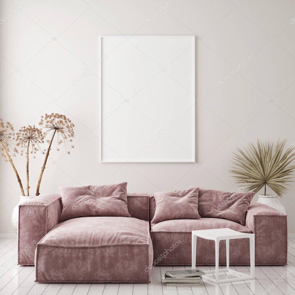 mock up poster frame in modern interior background, living room, Scandinavian style, 3D render, 3D illustration