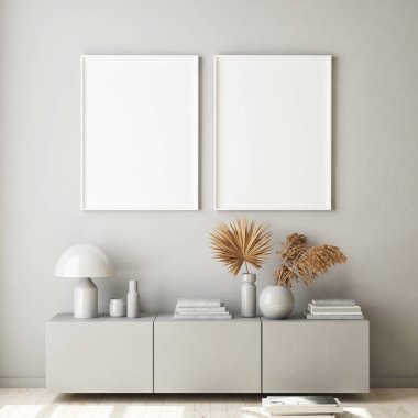 Modern iç plan, oturma odası, İskandinav tarzı, 3D çizim, 3D resim