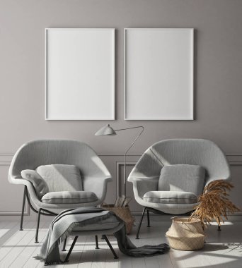 Modern iç plan, oturma odası, İskandinav tarzı, 3D çizim, 3D resim