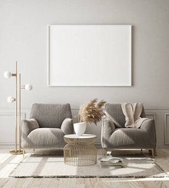 Modern iç plan, oturma odası, İskandinav tarzı, 3D çizim, 3D resim