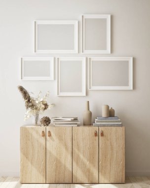 Modern iç plan, oturma odası, İskandinav tarzı, 3D çizim, 3D resim