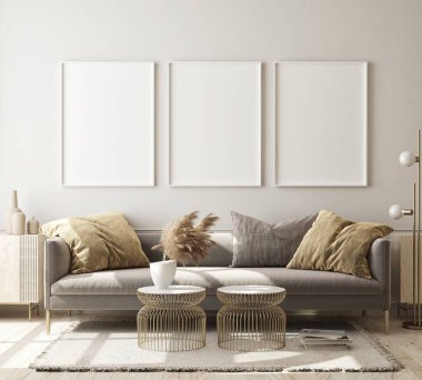Modern iç plan, oturma odası, İskandinav tarzı, 3D çizim, 3D resim