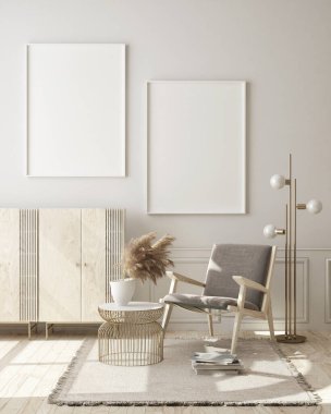 Modern iç plan, oturma odası, İskandinav tarzı, 3D çizim, 3D resim