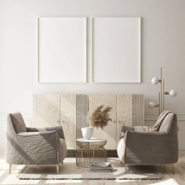 Modern iç plan, oturma odası, İskandinav tarzı, 3D çizim, 3D resim