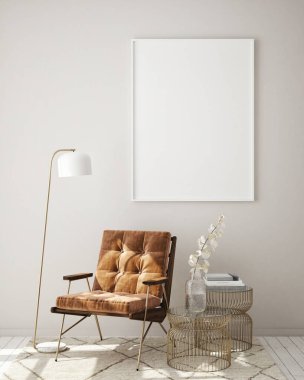 Modern iç plan, oturma odası, İskandinav tarzı, 3D çizim, 3D resim