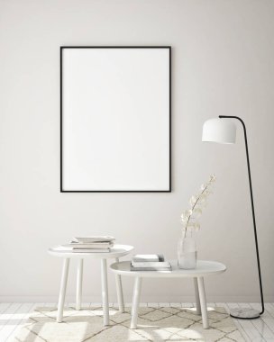 Modern iç plan, oturma odası, İskandinav tarzı, 3D çizim, 3D resim
