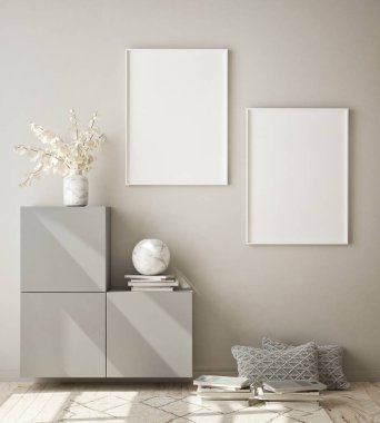 Modern iç plan, oturma odası, İskandinav tarzı, 3D çizim, 3D resim