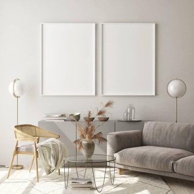 Modern iç plan, oturma odası, İskandinav tarzı, 3D çizim, 3D resim