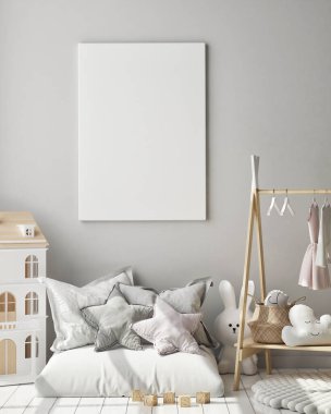 poster çerçevesi çocuk yatak odası, İskandinav tarzı iç arka plan, 3d render, 3d çizim kadar alay