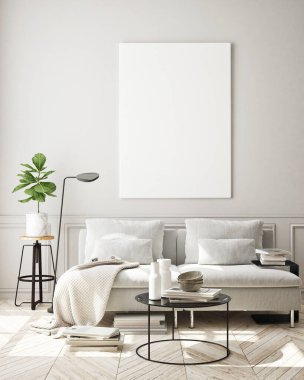 Modern iç plan, oturma odası, İskandinav tarzı, 3D çizim, 3D resim