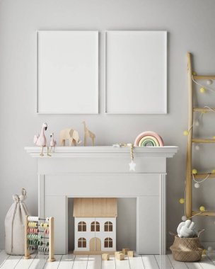 poster çerçevesi çocuk yatak odası, İskandinav tarzı iç arka plan, 3d render, 3d çizim kadar alay