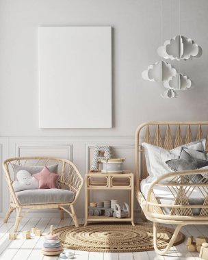poster çerçevesi çocuk yatak odası, İskandinav tarzı iç arka plan, 3d render, 3d çizim kadar alay