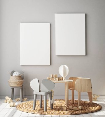 poster çerçevesi çocuk yatak odası, İskandinav tarzı iç arka plan, 3d render, 3d çizim kadar alay