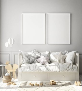 poster çerçevesi çocuk yatak odası, İskandinav tarzı iç arka plan, 3d render, 3d çizim kadar alay