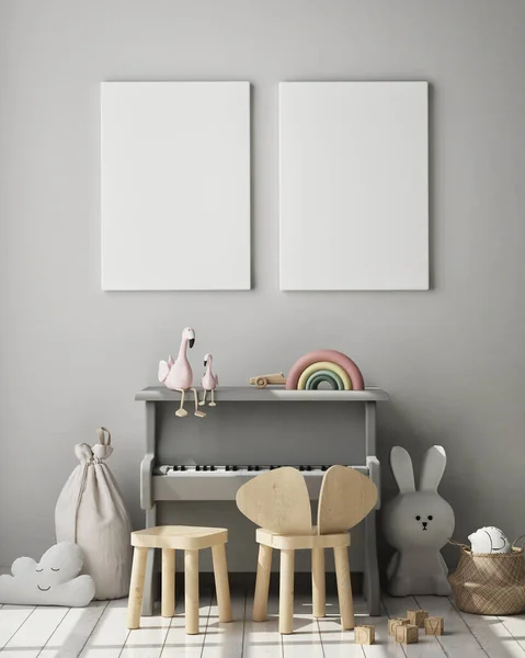 Mock Filmposter Slaapkamer Van Kinderen Scandinavische Stijl Interieur Achtergrond Render — Stockfoto