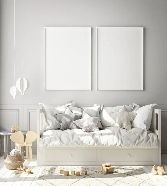 子供の寝室 北欧スタイル インテリアの背景 のレンダリング イラストのポスター フレームのモックアップします — ストック写真