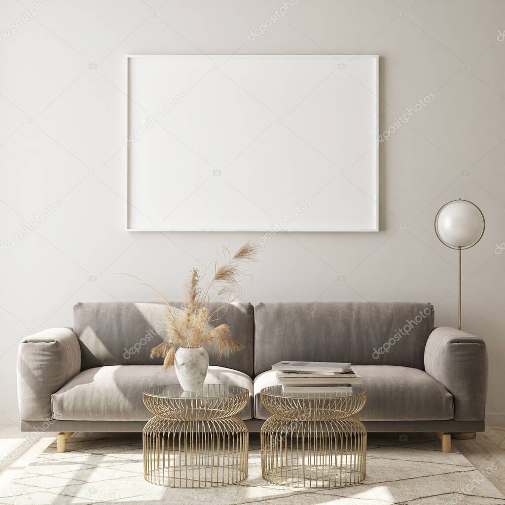 mock up poster frame in modern interior background, living room, Scandinavian style, 3D render, 3D illustration