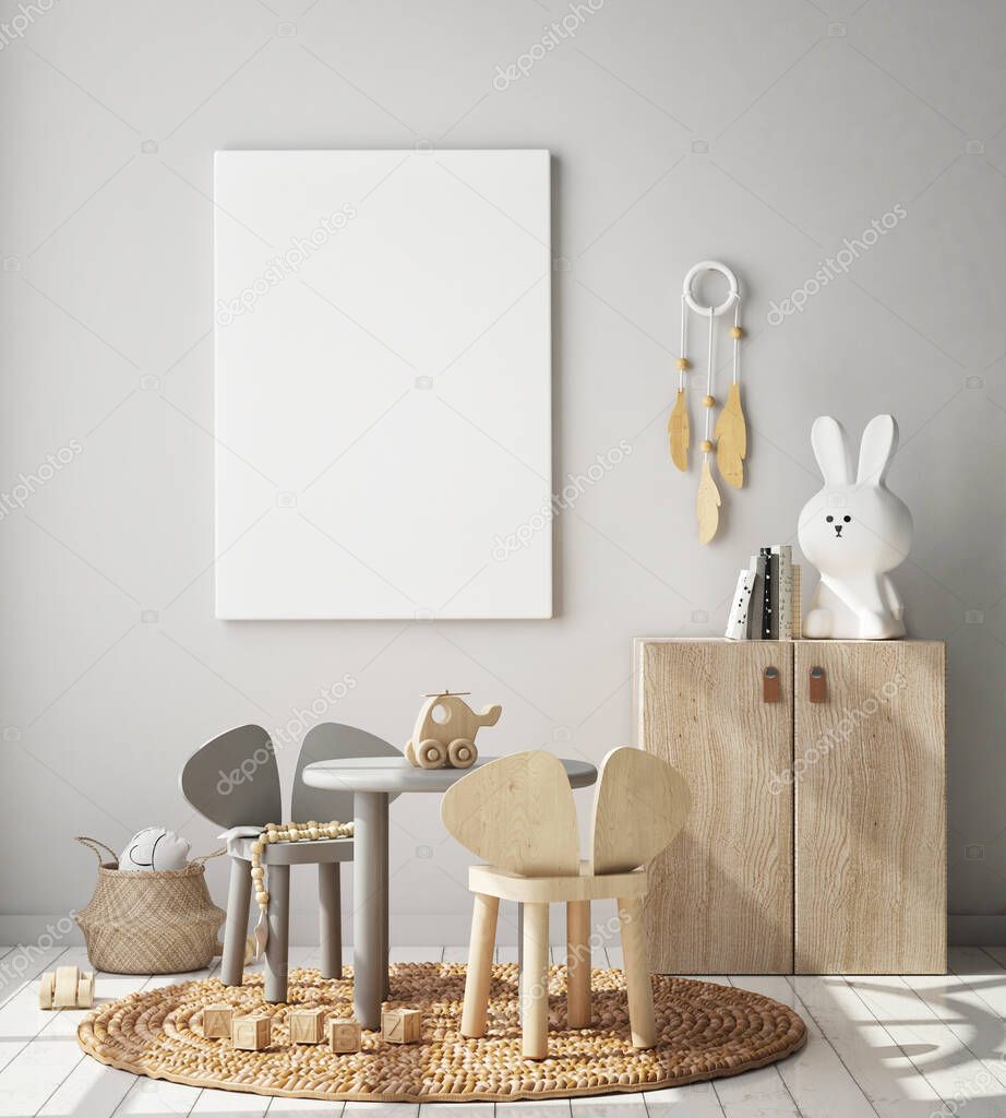 mock up poster frame in children bedroom, Scandinavian style interior background, 3D render, 3D illustration