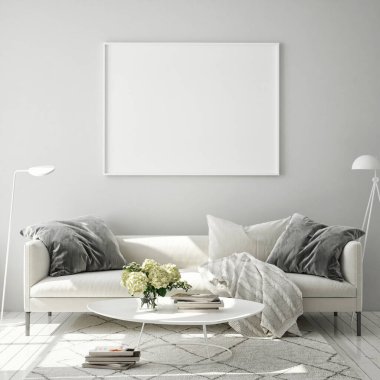 Modern iç plan, oturma odası, İskandinav tarzı, 3D çizim, 3D resim