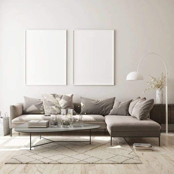 Modern iç plan, oturma odası, İskandinav tarzı, 3D çizim, 3D resim