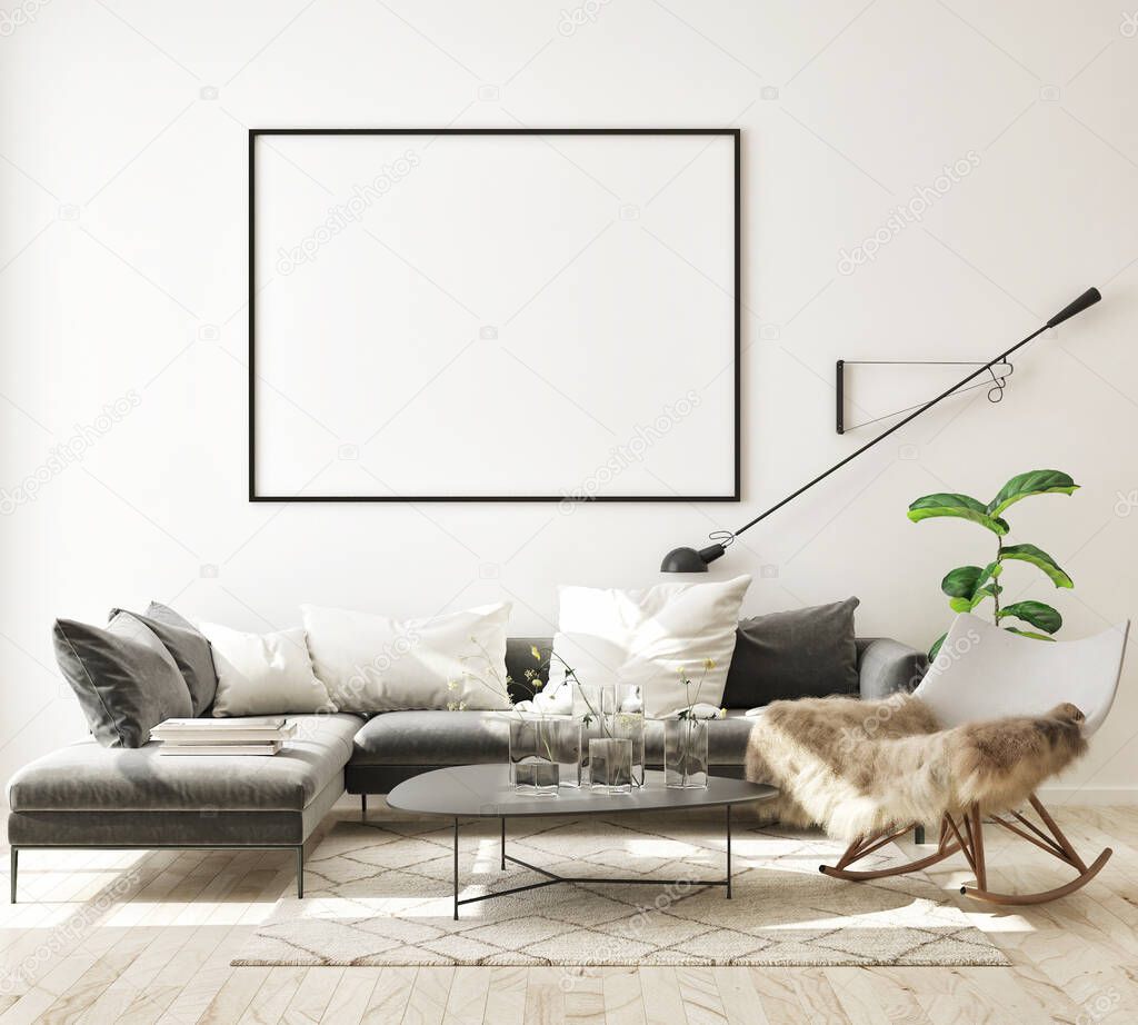 mock up poster frame in modern interior background, living room, Scandinavian style, 3D render, 3D illustration