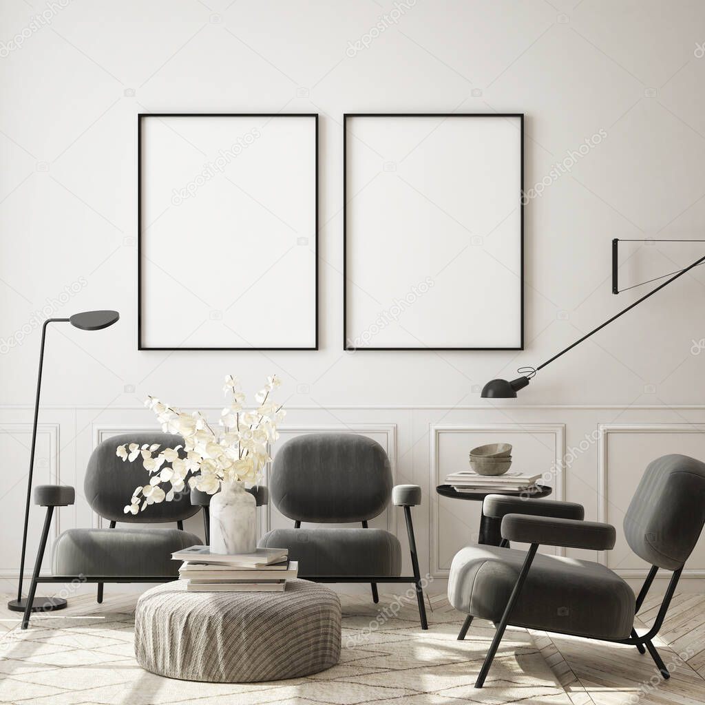 mock up poster frame in modern interior background, living room, Scandinavian style, 3D render, 3D illustration