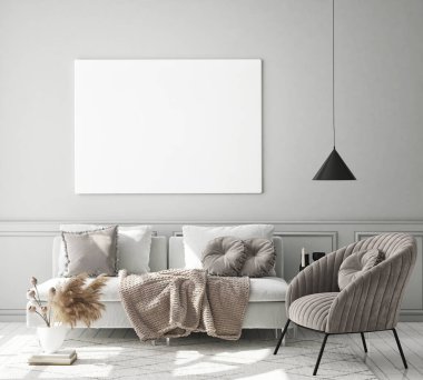 mock up poster frame in modern interior background, living room, Scandinavian style, 3D render, 3D illustration clipart