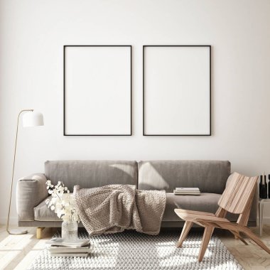 Modern iç plan, oturma odası, İskandinav tarzı, 3D çizim, 3D resim