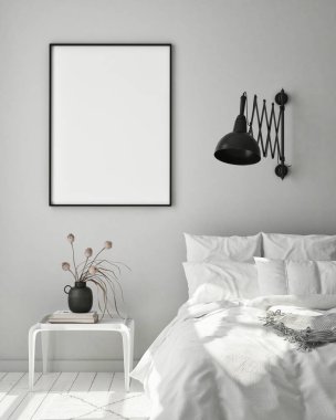 Modern iç plan, yatak odası, İskandinav tarzı, 3 boyutlu resim, 3 boyutlu resim.