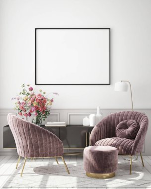 Modern iç plan, oturma odası, İskandinav tarzı, 3D çizim, 3D resim