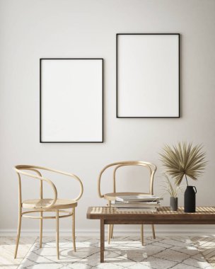 Modern iç plan, oturma odası, İskandinav tarzı, 3D çizim, 3D resim