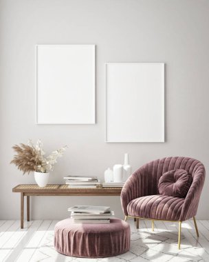 Modern iç plan, oturma odası, İskandinav tarzı, 3D çizim, 3D resim