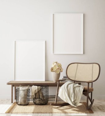 Modern iç plan, oturma odası, İskandinav tarzı, 3D çizim, 3D resim