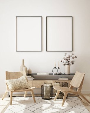 Modern iç plan, oturma odası, İskandinav tarzı, 3D çizim, 3D resim