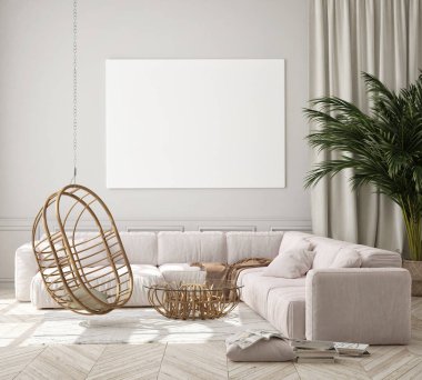 Modern iç plan, oturma odası, İskandinav tarzı, 3D çizim, 3D resim