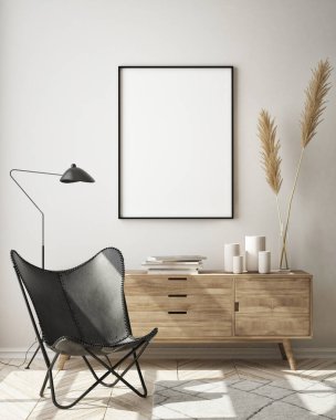 Modern iç plan, oturma odası, İskandinav tarzı, 3D çizim, 3D resim