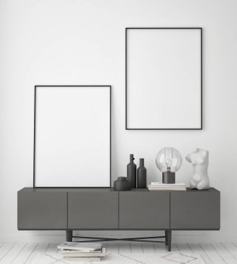Modern iç plan, oturma odası, İskandinav tarzı, 3D çizim, 3D resim