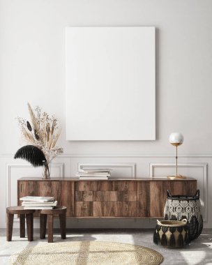 Modern iç plan, oturma odası, İskandinav tarzı, 3D çizim, 3D resim