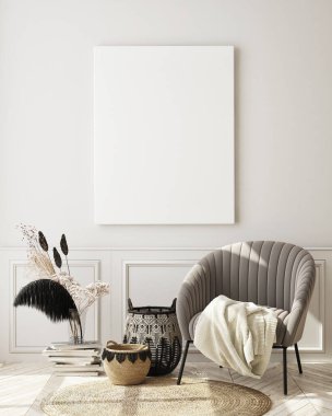 Modern iç plan, oturma odası, İskandinav tarzı, 3D çizim, 3D resim