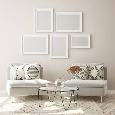 Modern iç plan, oturma odası, İskandinav tarzı, 3D çizim, 3D resim