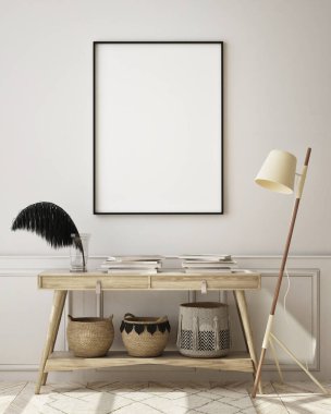 Modern iç plan, oturma odası, İskandinav tarzı, 3D çizim, 3D resim