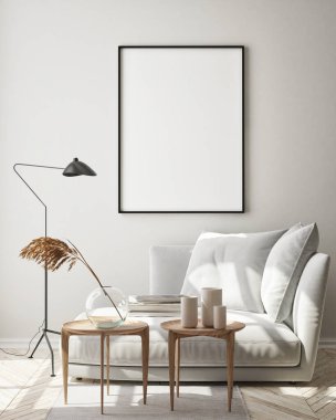 Modern iç plan, oturma odası, İskandinav tarzı, 3D çizim, 3D resim